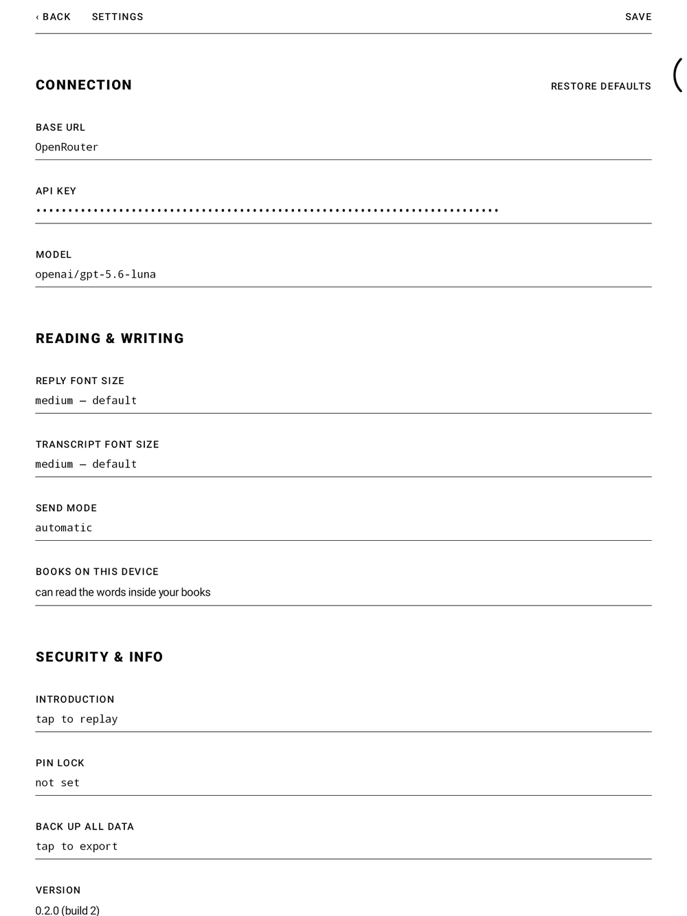 RiddleBoox settings screen with base URL, API key, and model fields